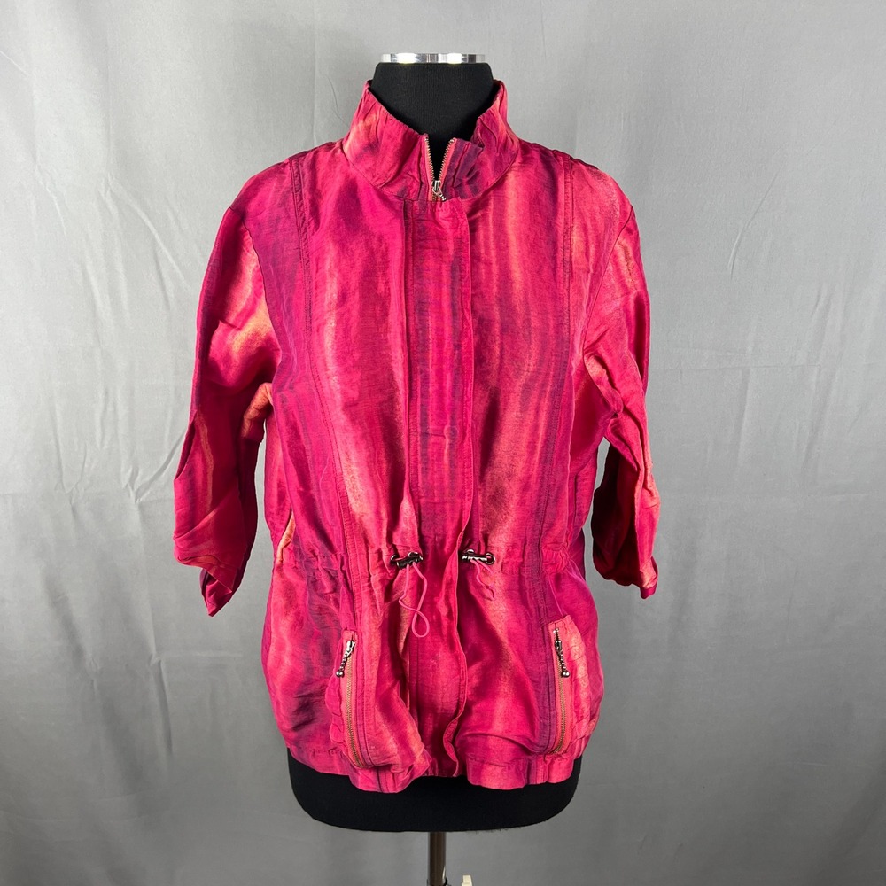 Chico's Cinch Jacket Women 2 Red Pink Tie Dye Roll Tab Sleeve Mock Neck Full Zip